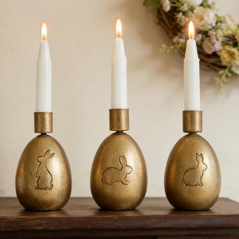 DN DECONATION Easter Bunny Candle Holders Set, 2PCS Gold Vintage Easter Bunny Decorations Taper Candle Sticks Holder for Table Decor, Resin & Metal Candlestick Holder Farmhouse Mantel Bunny Decor in Saudi Arabia