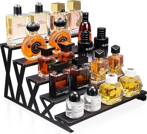 KALYLOC 5 طبقات عرض خشبي حامل 13.8 بوصة حامل عطور معدني منظم منضدية رف عرض متدرج لكولونيا كب كيك شخصيات التوابل مستحضرات التجميل الشموع (بني، شكل X) in Kuwait