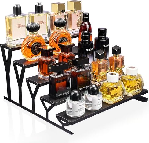 KALYLOC 5 طبقات عرض خشبي حامل 13.8 بوصة حامل عطور معدني منظم منضدية رف عرض متدرج لكولونيا كب كيك شخصيات التوابل مستحضرات التجميل الشموع (بني، شكل X) in Kuwait
