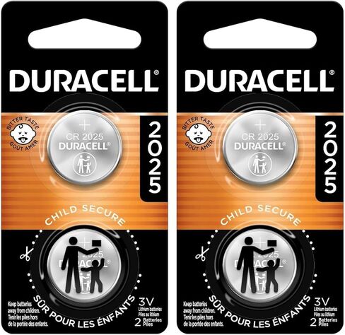 Duracell CR2025 3V Lithium Battery, Child Safety Features, 2 Count Pack, Lithium Coin Battery for Key Fob, Car Remote, Glucose Monitor, CR Lithium 3 Volt Cell in Kuwait