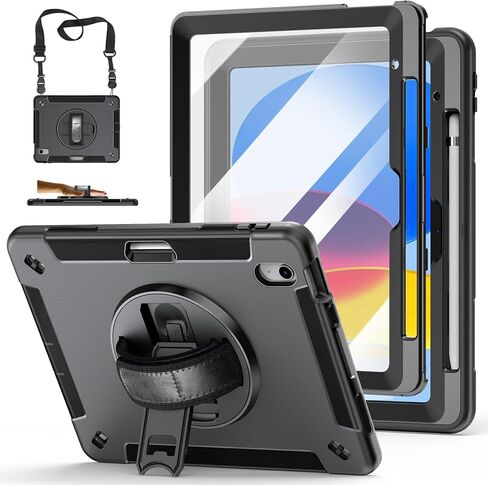 حافظة لجهاز iPad الجيل العاشر 2022: حافظة متينة مقاومة للصدمات من الدرجة العسكرية لجهاز iPad 10th Gen 10.9 بوصة مع واقي شاشة، حامل دوار، مقبض، حزام كتف، حامل قلم (أسود) in Kuwait