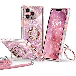 حافظة XYZ لهاتف iPhone 15، غطاء هاتف لامع مع حامل بحلقتين على شكل قلب وحبل قصير، حافظة واقية فاخرة مضادة للصدمات بحجر الراين للنساء والفتيات لهاتف iPhone 15، وردي in Kuwait