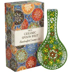 BCS Spoon Rest Set of 2 - Ceramic Spoon Holder for Stovetop & Kitchen Counter - Dishwasher Safe Handmade Kitchen Utensil (Green-Orange 4.5" W x 9" L) in Saudi Arabia