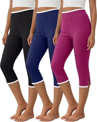 3 Pack Womens Cotton Capri Leggings Ribbed Slim Fit Capris Casual Basic Stretchy Workout Yoga Crop Pants in Saudi Arabia