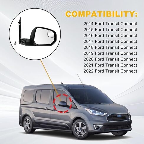 Driver Side Mirror for Ford Transit Connect Titanium/XL/XLT 2014 2015 2016 2017 2018 2019 2020 2021 2022, Side View Heated Door Mirror Replacement with Bling Spot Glass, Manual Folding in Saudi Arabia