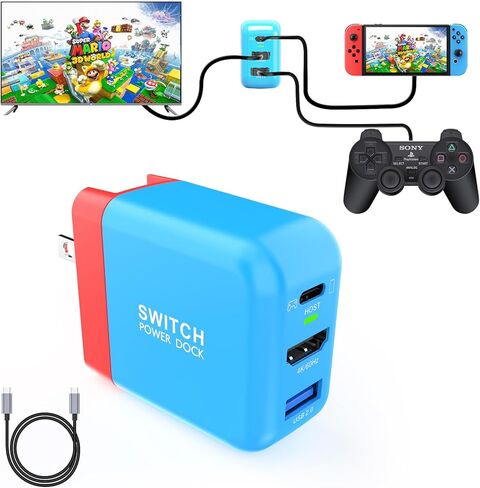 TreasLin Switch Dock، محول محول PD 36W USB-C/HDMI أو محطة قاعدة تلفزيون Switch-OLED 4K 60 هرتز HDMI محول شاحن محمول ملحق شاحن التبديل، أحمر وأزرق in Kuwait