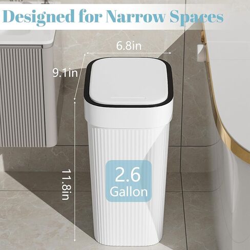 UUJOLY Small Bathroom Trash Can with Lid Slim Wastebasket Garbage Can Plastic Container Basket for Kitchen, Laundry Room, Office, Kids Room, Dorm, White, 2.6 Gallon in Saudi Arabia