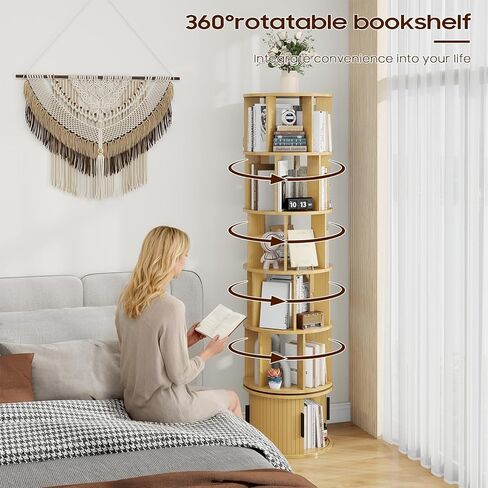 رف كتب دوار من Vabches، منظم خزانة كتب دوار دائري، برج رف كتب يدور 360 درجة، أرفف كتب دوارة للمساحات الصغيرة، غرفة المعيشة، غرفة النوم، الدراسة، المكتب، الجوز in Kuwait
