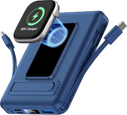 Magnetic Portable Charger, 10000mAh Wireless Power Bank for iPhone with Built-in Cables, 20W Fast Charging for Magsafe Battery Pack with Stand for iPhone Air/17/16/15/14/13/12 and Apple Watch in Saudi Arabia