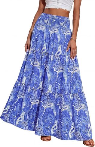 PRETTYGARDEN Floral Summer Boho Maxi Skirts for Women 2026 Smocked Elastic Waist Pleated Tiered Vacation Flowy Long Skirt in Saudi Arabia