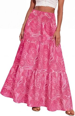 PRETTYGARDEN Floral Summer Boho Maxi Skirts for Women 2026 Smocked Elastic Waist Pleated Tiered Vacation Flowy Long Skirt in Saudi Arabia