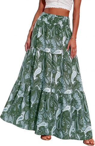 PRETTYGARDEN Floral Summer Boho Maxi Skirts for Women 2026 Smocked Elastic Waist Pleated Tiered Vacation Flowy Long Skirt in Saudi Arabia