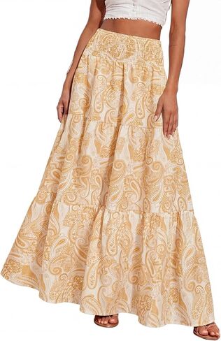PRETTYGARDEN Floral Summer Boho Maxi Skirts for Women 2026 Smocked Elastic Waist Pleated Tiered Vacation Flowy Long Skirt in Saudi Arabia