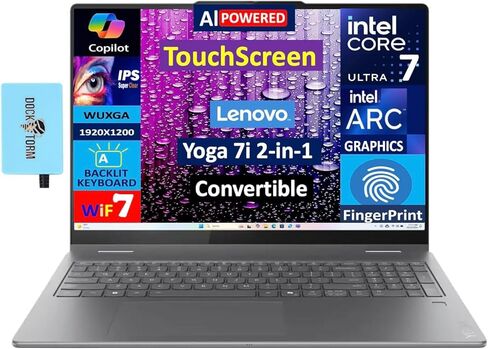 كمبيوتر محمول Lenovo Yoga 7i 2 في 1 AI بشاشة لمس 16.0 بوصة IPS WUXGA (Intel Ultra 7-256V، (Beats Ultra 7 155U)، 16 جيجابايت LPDDR5X، 1 تيرابايت PCIe SSD، بصمة الإصبع، كاميرا ويب، لوحة مفاتيح بإضاءة خلفية، Win 11 Home) مع موزع DKZ in Saudi Arabia