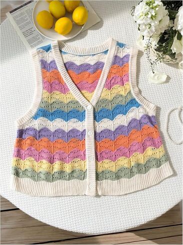 SweatyRocks Women's Plus Size Rainbow Striped Sweater Vest Casual Knitted Button Front Sleeveless Sweater Tops in Saudi Arabia