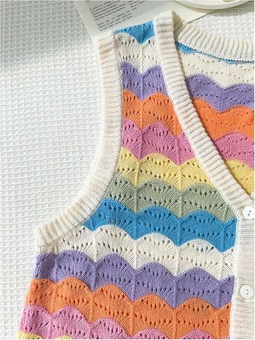 SweatyRocks Women's Plus Size Rainbow Striped Sweater Vest Casual Knitted Button Front Sleeveless Sweater Tops in Saudi Arabia