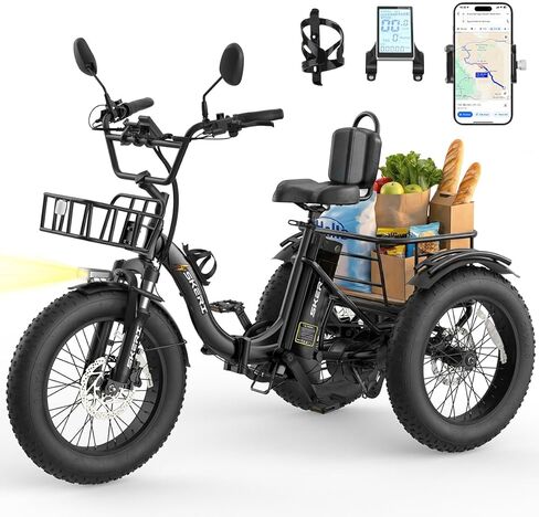 دراجة ثلاثية العجلات كهربائية من Skeri للبالغين، محرك Etrike بقدرة 750 وات (الذروة 1350 وات)، دراجة ثلاثية العجلات كهربائية قابلة للطي بإطار سميك مقاس 20 بوصة × 4 بوصة، بطارية 48 فولت 13 أمبير في الساعة، دراجة كهربائية ثلاثية العجلات، 20 ميلاً في الساعة،  in Saudi Arabia
