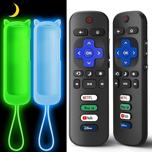 (عبوة من 2) جهاز تحكم بديل ONEBOM لتلفزيون Roku مع غطاء سيليكون واقٍ ناعم (يتوهج في الظلام)، جهاز تحكم عالمي لتلفزيون TCL/Hisense/Sharp/Onn/Element/Philips Roku الذكي in Kuwait