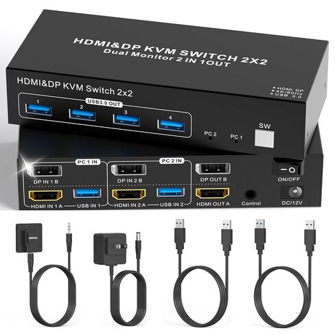 مفتاح KVM بشاشة مزدوجة - 4K@60 هرتز، HDMI+DP (منفذ عرض) مفتاح KVM مع 4 منافذ USB 3.0، جهاز تحكم سلكي و2 كابل USB 3.0 متضمن in Kuwait