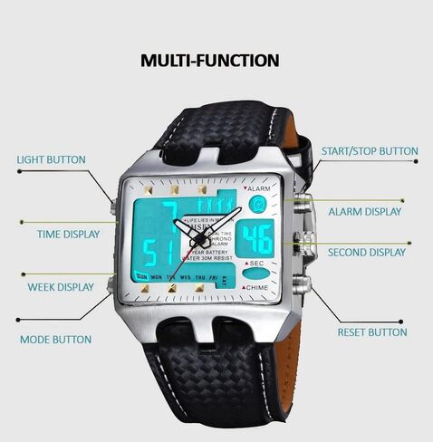 ساعة ShoppeWatch للرجال لحكم كرة القدم وجه مربع كبير LED ثنائي التوقيت تناظري رقمي مضيء وساعة توقيت وسوار جلدي Reloj Deportivo para Hombre Cronometros Wacht in Kuwait