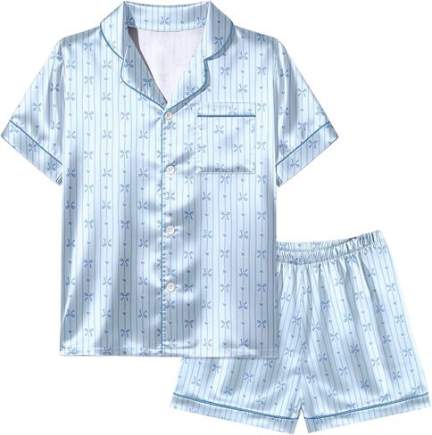 ICOSY Girls Pajamas Silky Pjs for Girls Satin Sleepwear 2 PCS Button-Down Top and Shorts for Kids Girl Pajamas Size 6-15 in Saudi Arabia