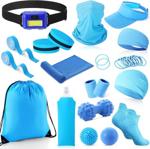 21 Pcs Runner Gift Set Marathon Gifts for Runners Men Women Running Accessories Includes Headlamp, Foldable Water Bottle, Visor, Headband, Cooling Towel, Wristband, Sock & More in Saudi Arabia