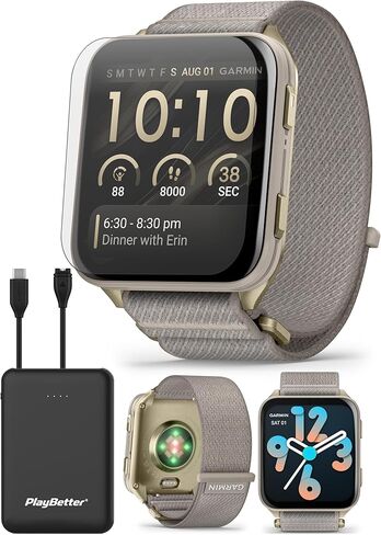 PlayBetter Garmin Venu X1 (Soft Gold/French Gray) Fitness GPS Smartwatch Bundle - 2" Thin AMOLED Display, Advanced Health and Fitness 5000mAh Portable Charger & HD Screen Protectors in Kuwait