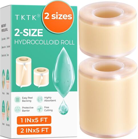 TKTK 2-Size Hydrocolloid Roll, (2in*12ft + 1in*12ft) Hydrocolloid Bandages, Hydrocolloid Patch for Acne, Wound, Burn, Blister Care, Pimple Patches with Easy-Peel Backing, Waterproof & Ultra Absorbent in Kuwait