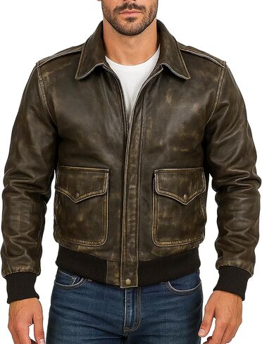 SpazeUp A2 Leather Jacket Men - Air Force Pilot Flight Distressed Brown Leather Jacket Men in Saudi Arabia