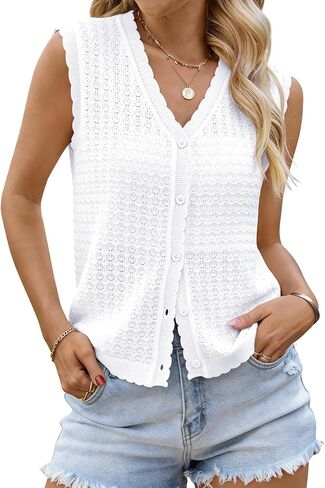 Womens Sleeveless V Neck Sweater Vest Crochet Knit Summer Tops Button Down Spring Cardigan Casual Outfits 2026 in Saudi Arabia