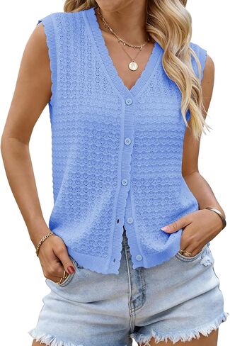 Womens Sleeveless V Neck Sweater Vest Crochet Knit Summer Tops Button Down Spring Cardigan Casual Outfits 2026 in Saudi Arabia