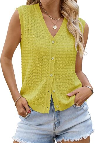 Womens Sleeveless V Neck Sweater Vest Crochet Knit Summer Tops Button Down Spring Cardigan Casual Outfits 2026 in Saudi Arabia