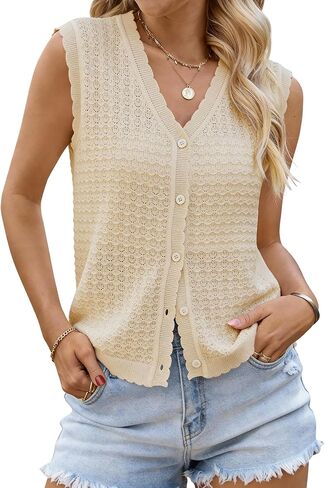 Womens Sleeveless V Neck Sweater Vest Crochet Knit Summer Tops Button Down Spring Cardigan Casual Outfits 2026 in Saudi Arabia