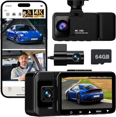 كاميرا داش كام أمامية وخلفية 4K ثلاثية القنوات من الداخل، كاميرا داش واي فاي 5G للسيارات، التحكم في التطبيق، رؤية ليلية، شاشة IPS 3 بوصة، مستشعر G، وضع انتظار 24 ساعة، تسجيل حلقي، بطاقة SD سعة 64 جيجابايت متضمنة in Kuwait