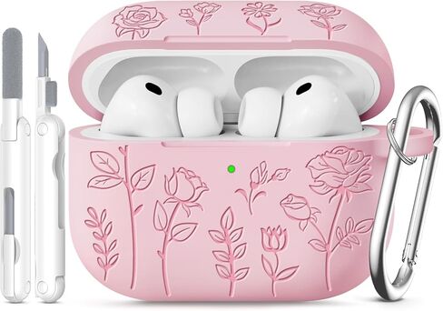 for AirPods Pro 3 Case 2025 Come with Cleaner Kit,Rose Carving Pattern Design,Cute Soft Silicone Protective Cover for Women Girly -Pink in Saudi Arabia