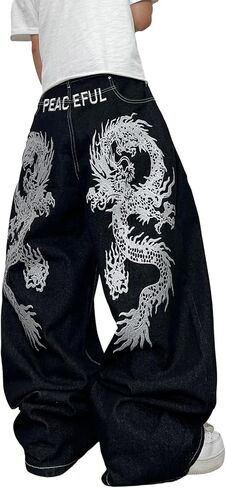 Men's Baggy Jeans Dragon Embroidered Wide Leg Jeans Hip Hop Loose Fit Denim Pants Streetwear in Kuwait