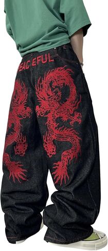 Men's Baggy Jeans Dragon Embroidered Wide Leg Jeans Hip Hop Loose Fit Denim Pants Streetwear in Saudi Arabia