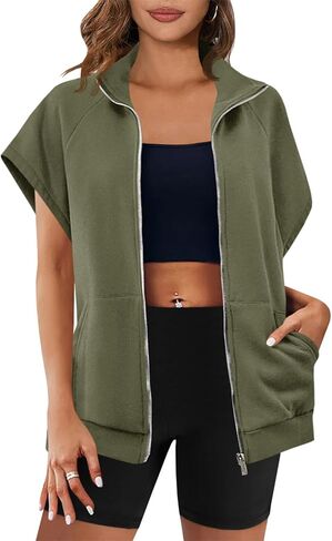 Fisoew Women's Zip Up Sweatshirts Sleeveless Oversized Casual Solid Color Sweatshirt with pockets in Saudi Arabia