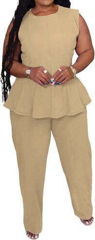 Womens Plus Size 2 Piece Outfits Pants Sets Summer Sleeveless Peplum Tank Tops Wide Leg Pant Suits Matching Sets in Saudi Arabia