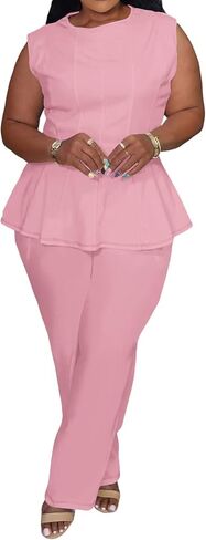 Womens Plus Size 2 Piece Outfits Pants Sets Summer Sleeveless Peplum Tank Tops Wide Leg Pant Suits Matching Sets in Saudi Arabia