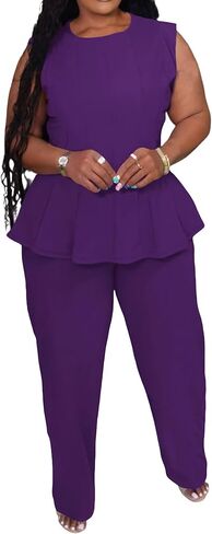 Womens Plus Size 2 Piece Outfits Pants Sets Summer Sleeveless Peplum Tank Tops Wide Leg Pant Suits Matching Sets in Saudi Arabia