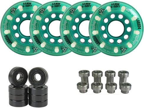 عجلات الهوكي من Labeda Whips Roller - عبوة من 4 قطع باللون الوردي - ناعمة جدًا - اختر الحجم - تتضمن فواصل Evo ومحامل سيراميك هجينة Amp in Kuwait