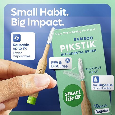 SmartLifeco Bamboo Interdental Brushes (10 Count) - Eco-Friendly Reusable Dental Picks, Flexible Soft Bristles, Superior Gum & Teeth Cleaning, Toothpicks for Braces, PikStik - Regular in Saudi Arabia