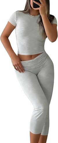 Women's 2-Piece Activewear Set Fitted Short-Sleeve Crop Top & Capri Leggings Stretchy Soft Fabric for Yoga Gym Lounge in Saudi Arabia