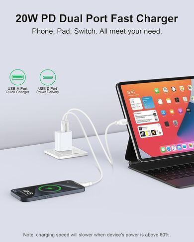 شاحن حائط USB C بقوة 20 وات، كتلة شحن سريعة بمنفذ مزدوج مع USB-C PD وUSB-A QC 3.0، قابس محول طاقة مدمج لهواتف iPhone 17/16/15/14/13، وSamsung Galaxy S25/S24، وGoogle Pixel 10، وiPad، وهواتف Android in Saudi Arabia