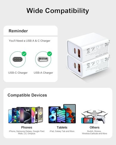 شاحن حائط USB C بقوة 20 وات، كتلة شحن سريعة بمنفذ مزدوج مع USB-C PD وUSB-A QC 3.0، قابس محول طاقة مدمج لهواتف iPhone 17/16/15/14/13، وSamsung Galaxy S25/S24، وGoogle Pixel 10، وiPad، وهواتف Android in Saudi Arabia