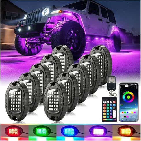 12 قرنًا من الألومنيوم متعدد الألوان RGB LED أضواء الصخور لشاحنة Jeep RV ATV UTV عربة الجولف للطرق الوعرة مع جهاز تحكم عن بعد APP/RF، معدن IP68 مقاوم للماء طقم Underglow ثنائي المنطقة نيون خارجي ضوء سفلي 12 فولت in Kuwait