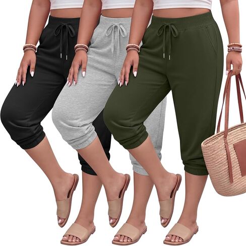 3 Pack Women's Plus Size Capri Sweatpants Athletic Joggers Cropped Lounge Pants Elastic Drawstring with Pockets in Saudi Arabia