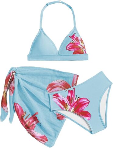 Verdusa Girl's 3 Piece Bikini Sets Boho Floral Backless Halter Top with Cover Up Skirt Swimsuit in Saudi Arabia