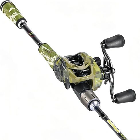 مجموعة Sougayilang Baitcaster Combo، 30 طن + 24 طن جرافيت قطعتين من قضيب صيد السمك، مقبض بوليمر فائق، حافظة خطاف على شكل "S" مع بكرة صيد مموهة in Kuwait